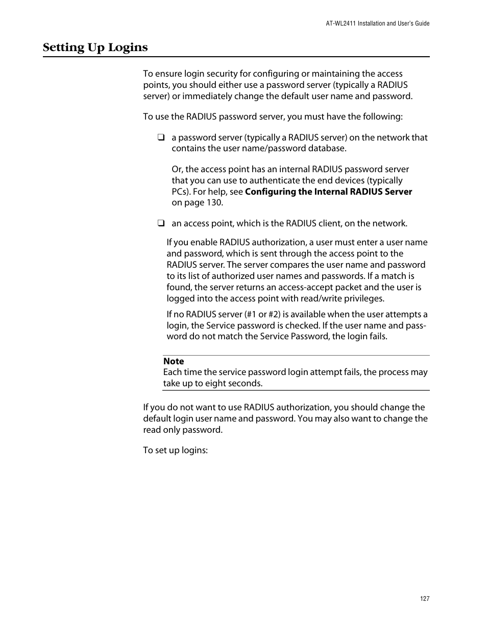 Setting up logins | Allied Telesis AT-WL2411 User Manual | Page 127 / 208