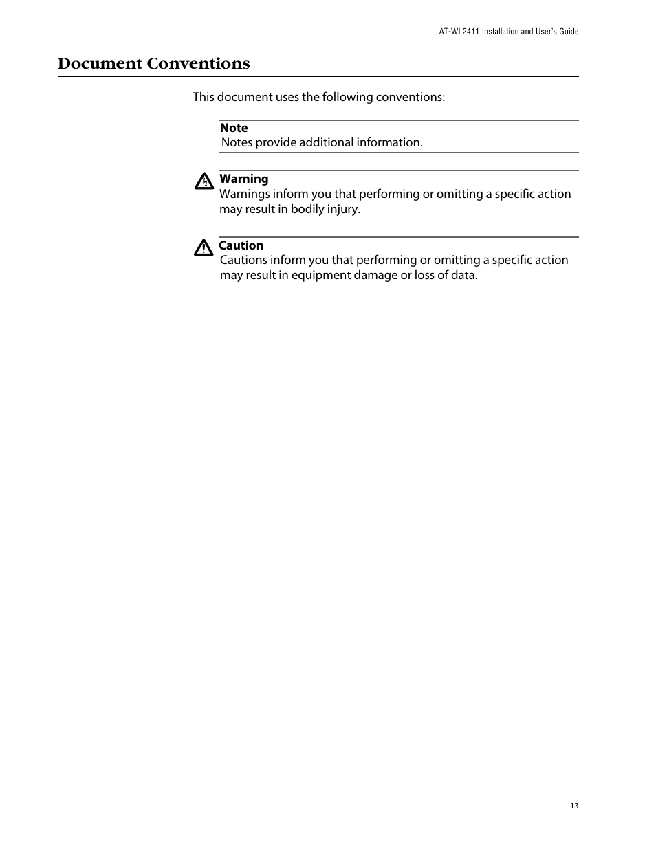 Document conventions | Allied Telesis AT-WL2411 User Manual | Page 13 / 208