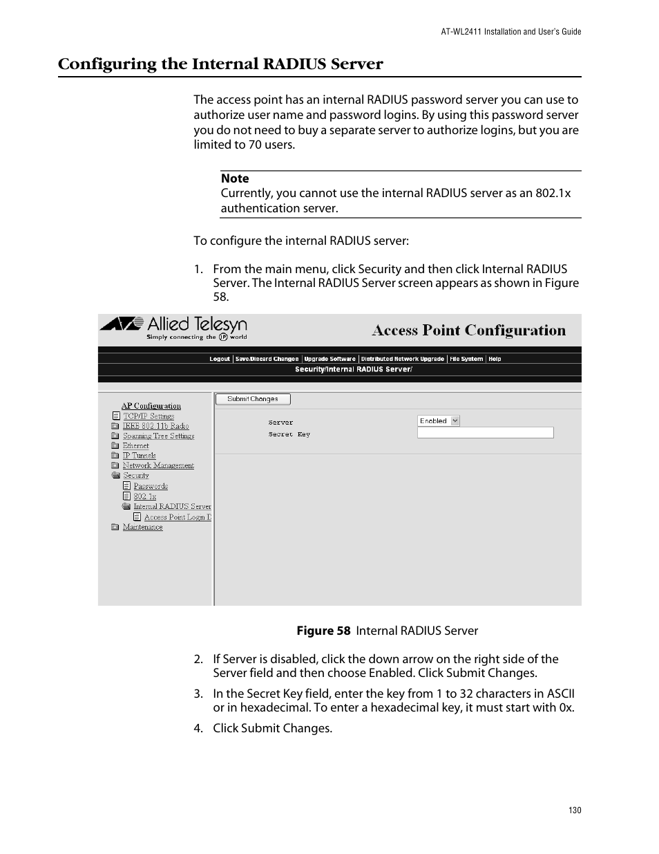 Configuring the internal radius server | Allied Telesis AT-WL2411 User Manual | Page 130 / 208