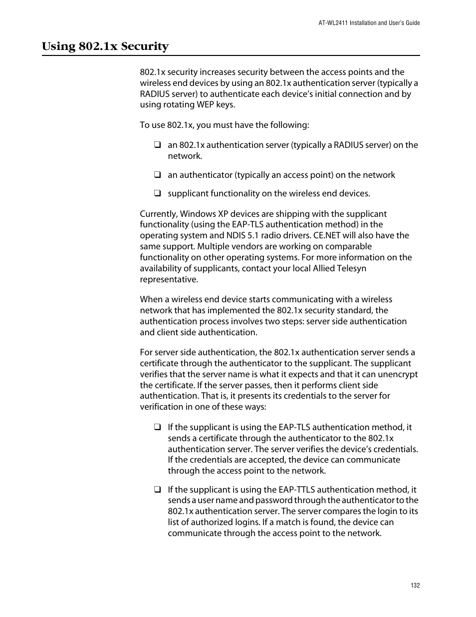 Using 802.1x security | Allied Telesis AT-WL2411 User Manual | Page 132 / 208