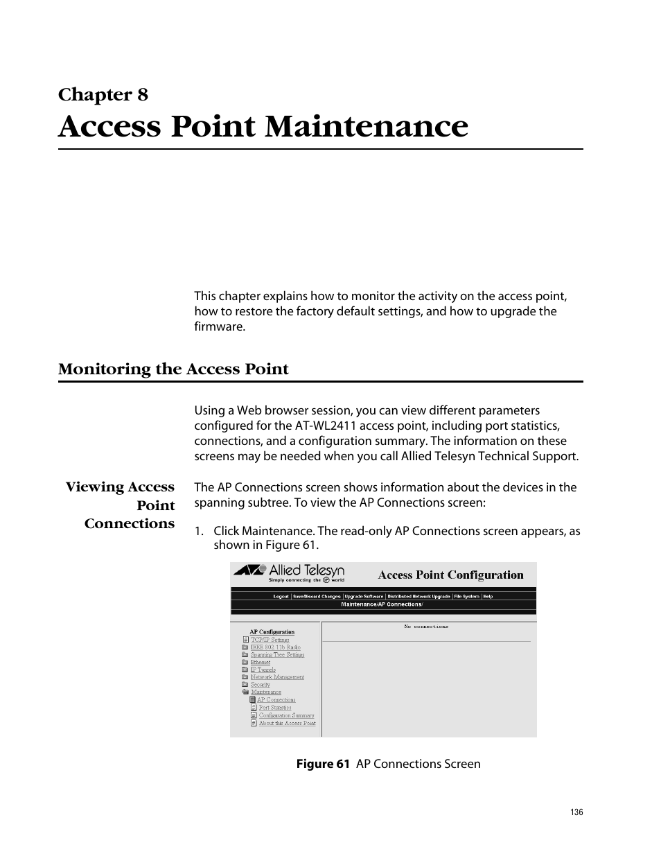 Chapter 8, Access point maintenance, Monitoring the access point | Viewing access point connections | Allied Telesis AT-WL2411 User Manual | Page 136 / 208
