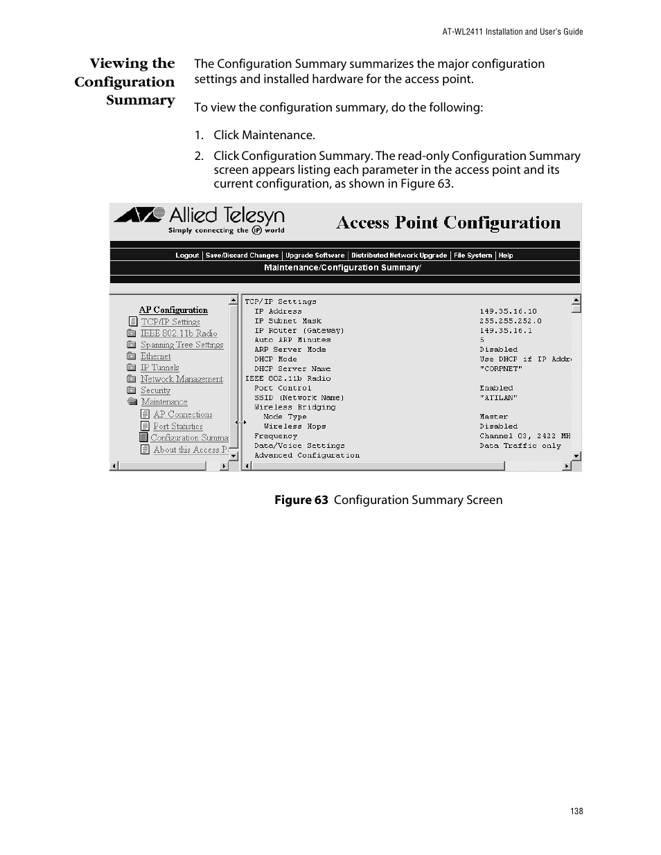 Viewing the configuration summary | Allied Telesis AT-WL2411 User Manual | Page 138 / 208