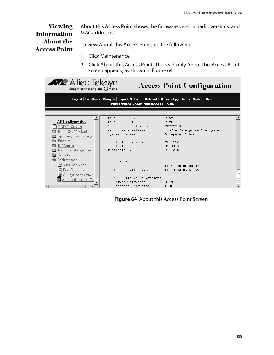 Viewing information about the access point | Allied Telesis AT-WL2411 User Manual | Page 139 / 208