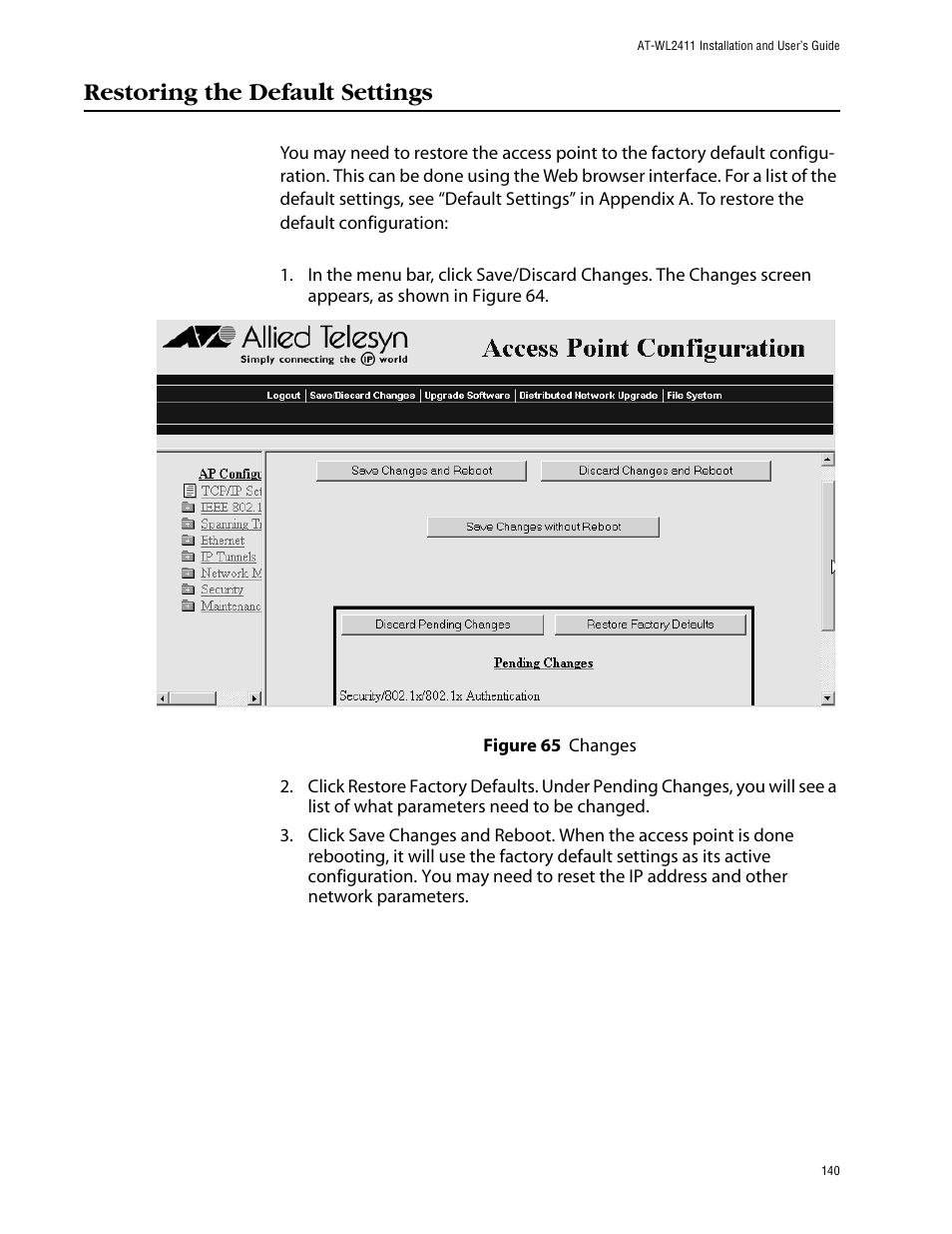 Restoring the default settings | Allied Telesis AT-WL2411 User Manual | Page 140 / 208
