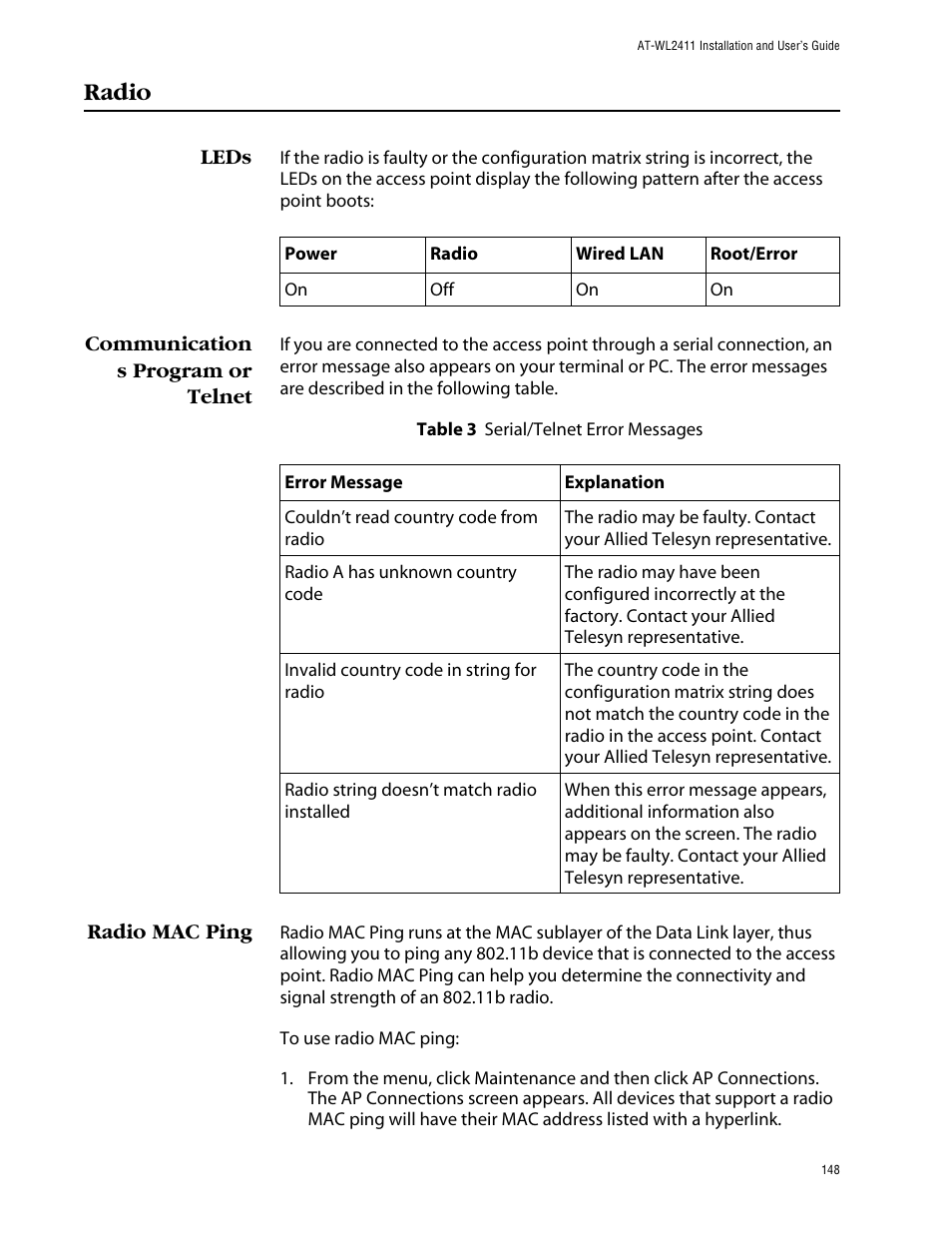 Radio, Leds, Communication s program or telnet | Radio mac ping | Allied Telesis AT-WL2411 User Manual | Page 148 / 208