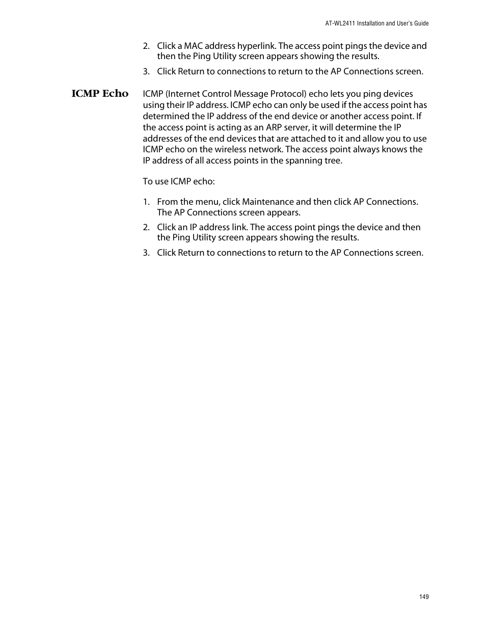 Icmp echo | Allied Telesis AT-WL2411 User Manual | Page 149 / 208