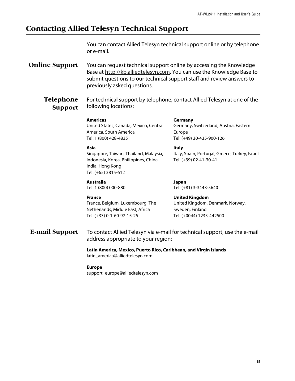 Contacting allied telesyn technical support, E-mail support, Online support telephone support e-mail support | Online support, Telephone support | Allied Telesis AT-WL2411 User Manual | Page 15 / 208