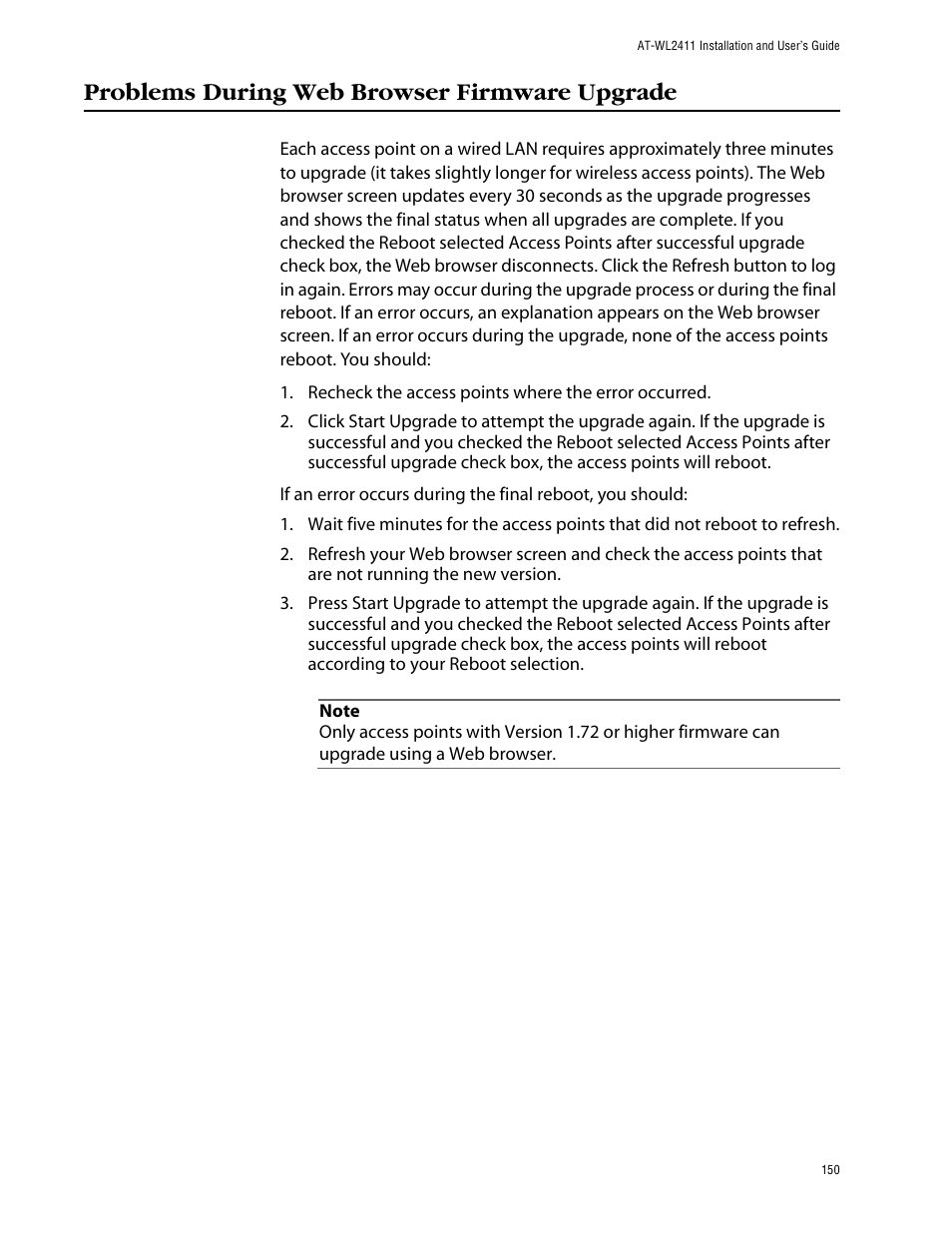 Problems during web browser firmware upgrade | Allied Telesis AT-WL2411 User Manual | Page 150 / 208