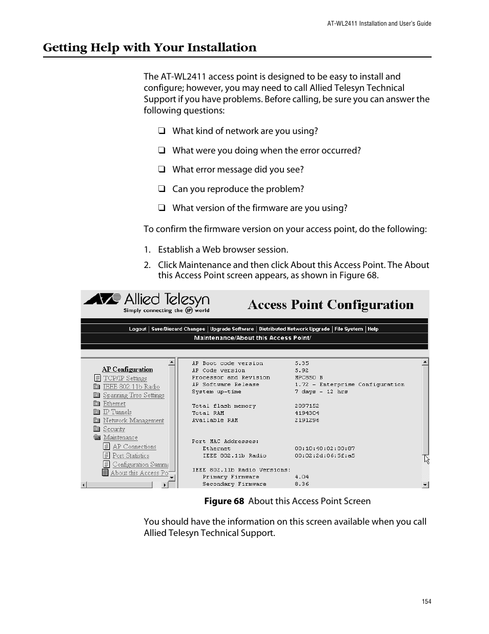 Getting help with your installation | Allied Telesis AT-WL2411 User Manual | Page 154 / 208
