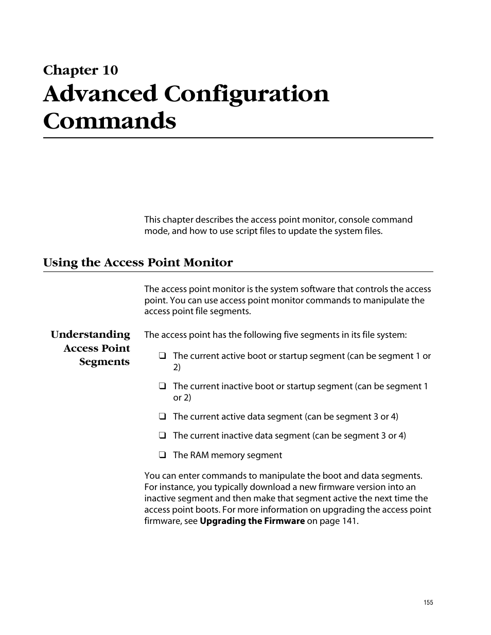 Chapter 10, Advanced configuration commands, Using the access point monitor | Understanding access point segments | Allied Telesis AT-WL2411 User Manual | Page 155 / 208