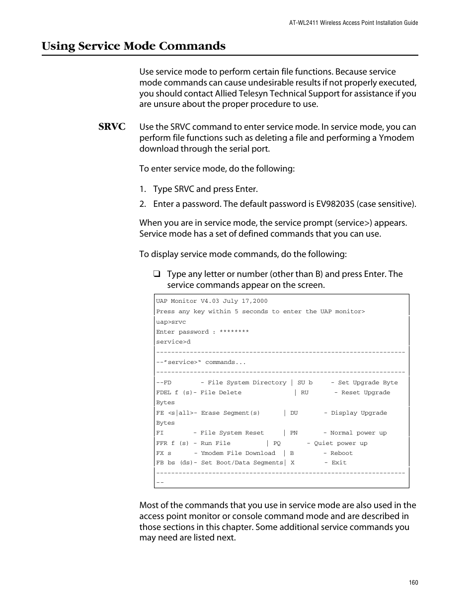Using service mode commands, Srvc | Allied Telesis AT-WL2411 User Manual | Page 160 / 208
