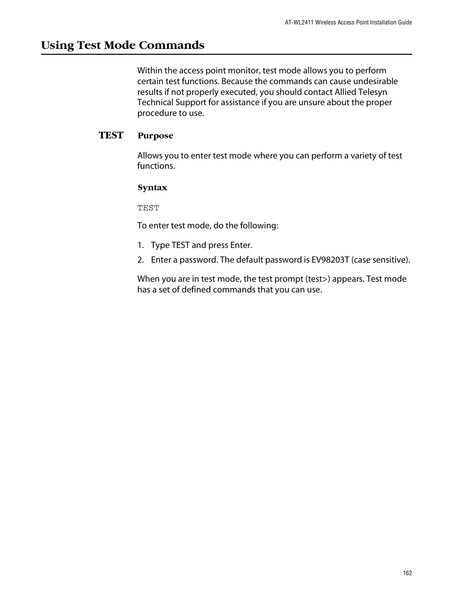 Using test mode commands, Test | Allied Telesis AT-WL2411 User Manual | Page 162 / 208
