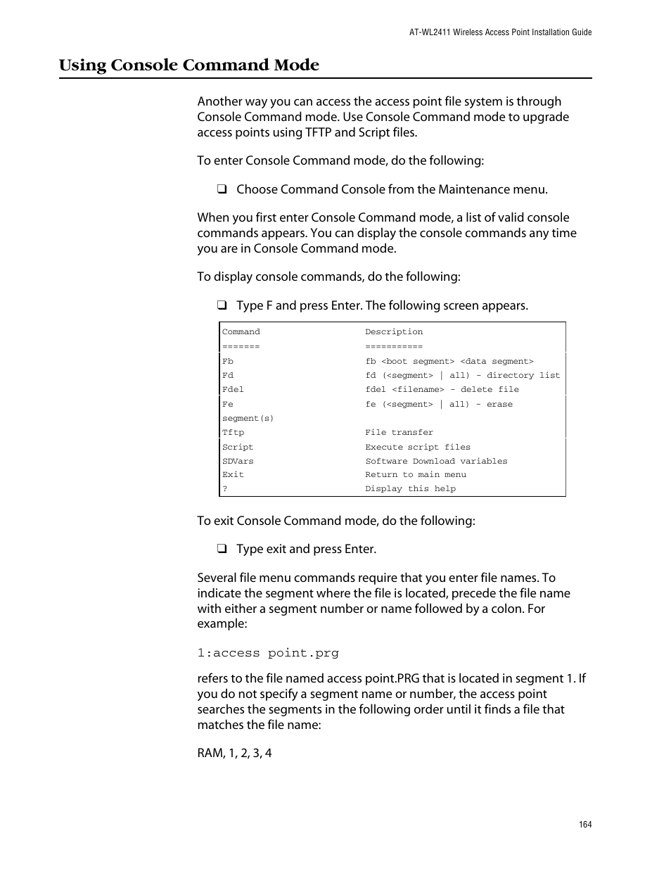 Using console command mode | Allied Telesis AT-WL2411 User Manual | Page 164 / 208