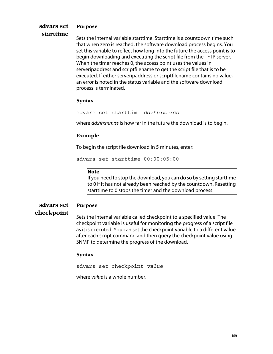 Sdvars set starttime, Sdvars set checkpoint, Sdvars set starttime sdvars set checkpoint | Allied Telesis AT-WL2411 User Manual | Page 169 / 208