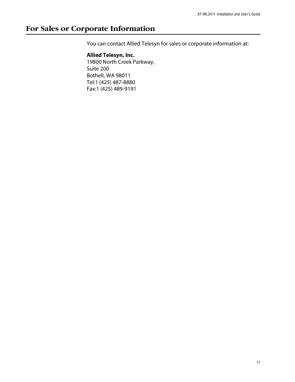 For sales or corporate information | Allied Telesis AT-WL2411 User Manual | Page 17 / 208