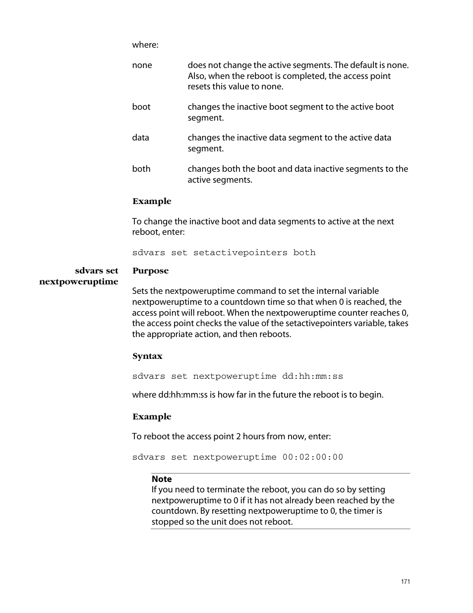 Sdvars set nextpoweruptime | Allied Telesis AT-WL2411 User Manual | Page 171 / 208