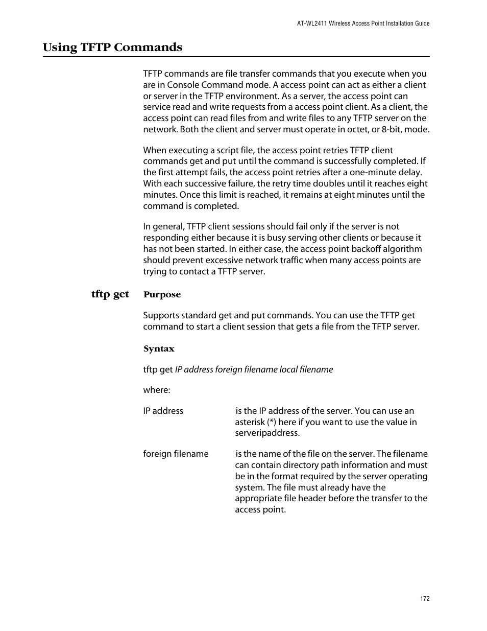 Using tftp commands, Tftp get | Allied Telesis AT-WL2411 User Manual | Page 172 / 208