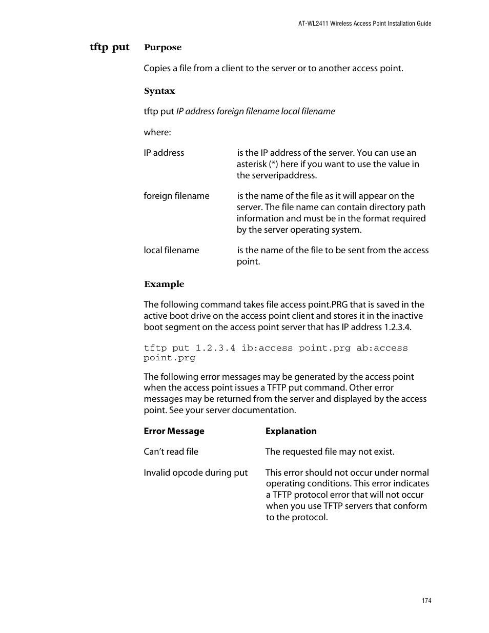 Tftp put | Allied Telesis AT-WL2411 User Manual | Page 174 / 208