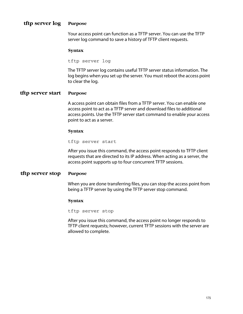 Tftp server log, Tftp server start, Tftp server stop | Tftp server log tftp server start tftp server stop | Allied Telesis AT-WL2411 User Manual | Page 175 / 208