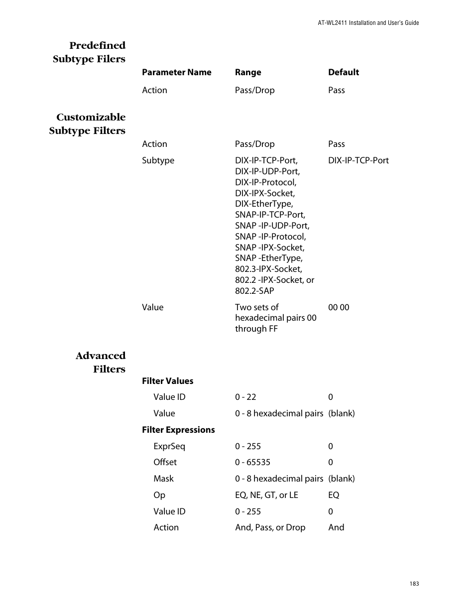 Predefined subtype filers, Customizable subtype filters | Allied Telesis AT-WL2411 User Manual | Page 183 / 208