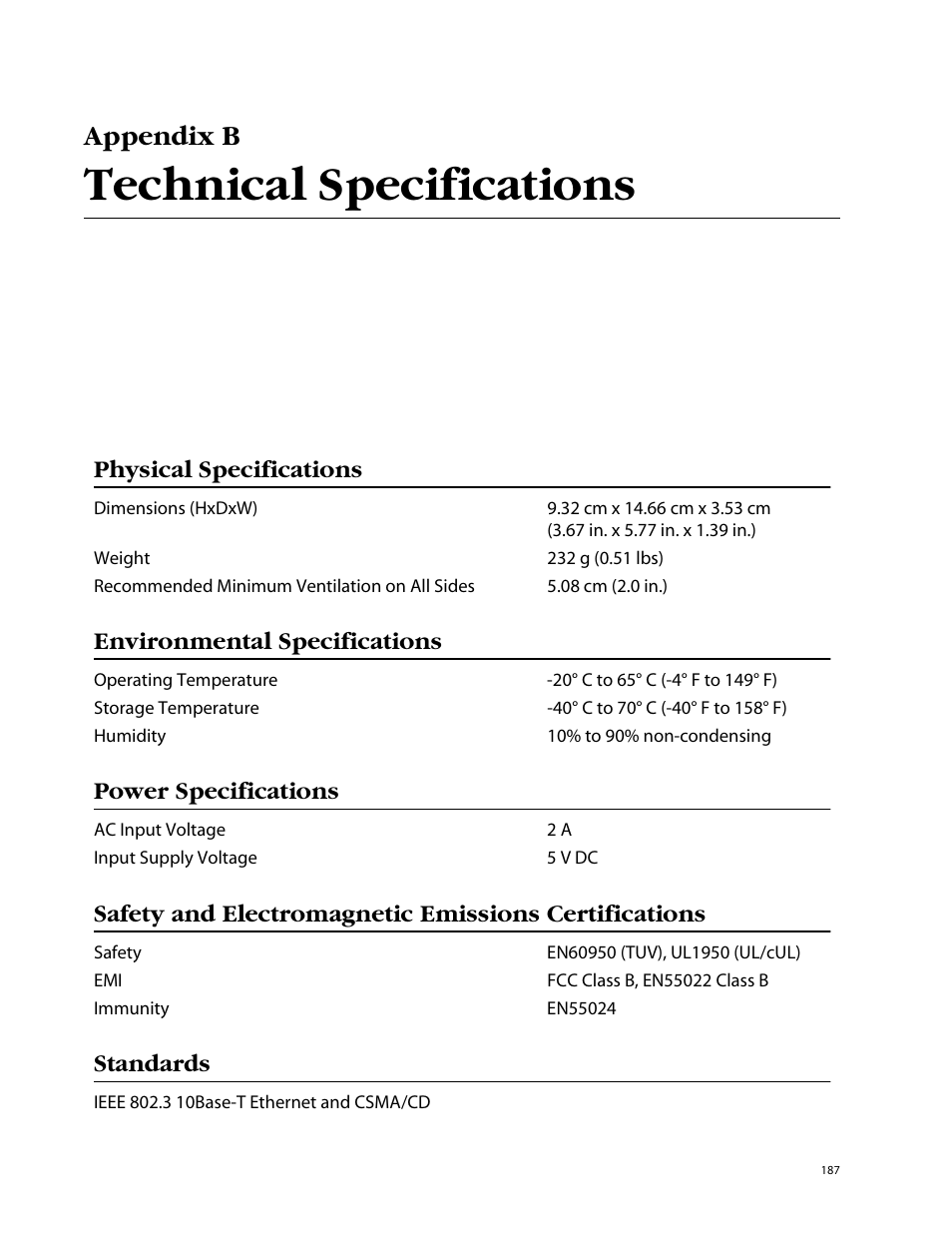 Appendix b, Technical specifications, Physical specifications | Environmental specifications, Power specifications, Standards | Allied Telesis AT-WL2411 User Manual | Page 187 / 208
