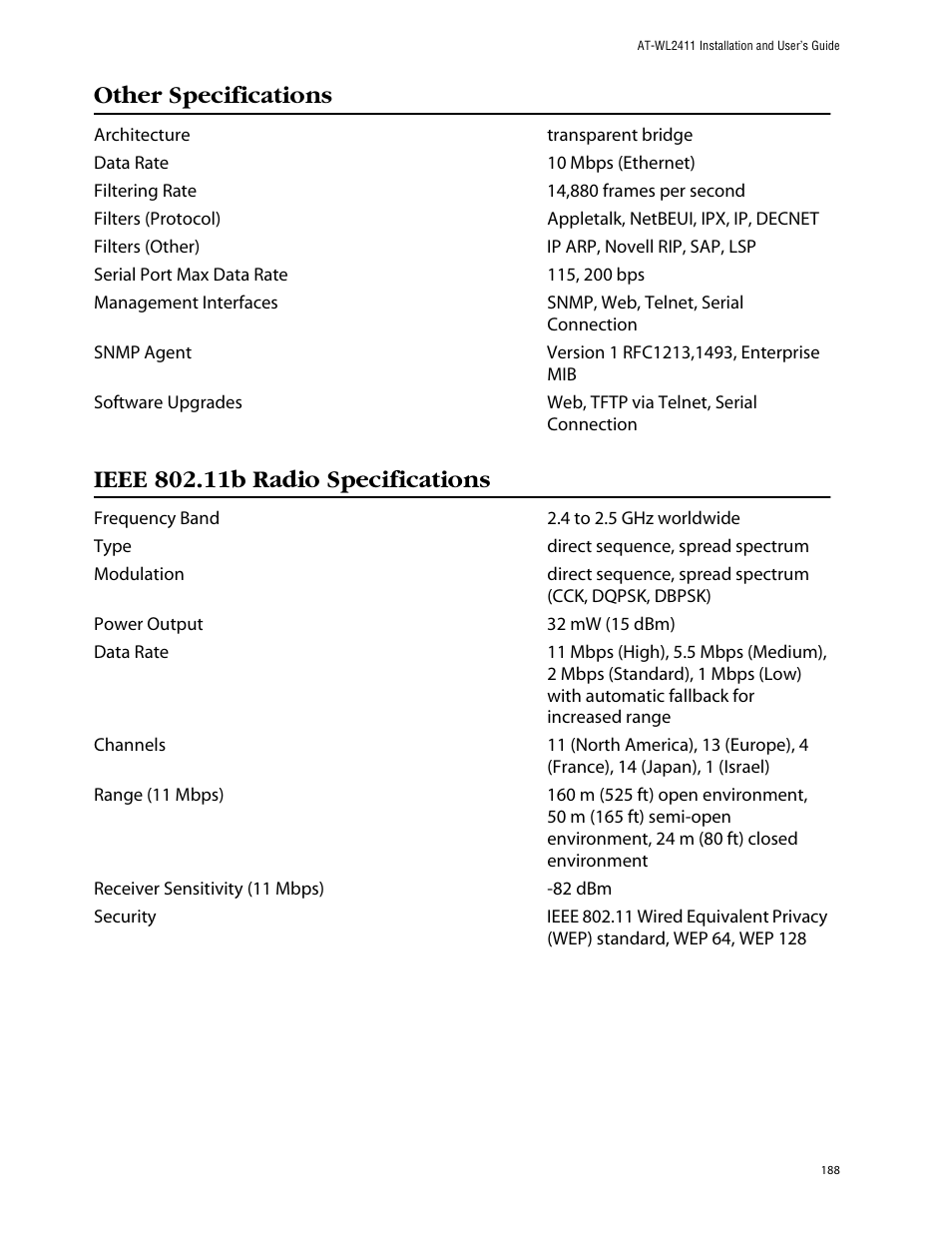Other specifications, Ieee 802.11b radio specifications | Allied Telesis AT-WL2411 User Manual | Page 188 / 208