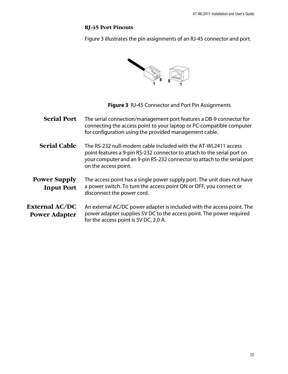 Serial port, Serial cable, Power supply input port | External ac/dc power adapter | Allied Telesis AT-WL2411 User Manual | Page 22 / 208