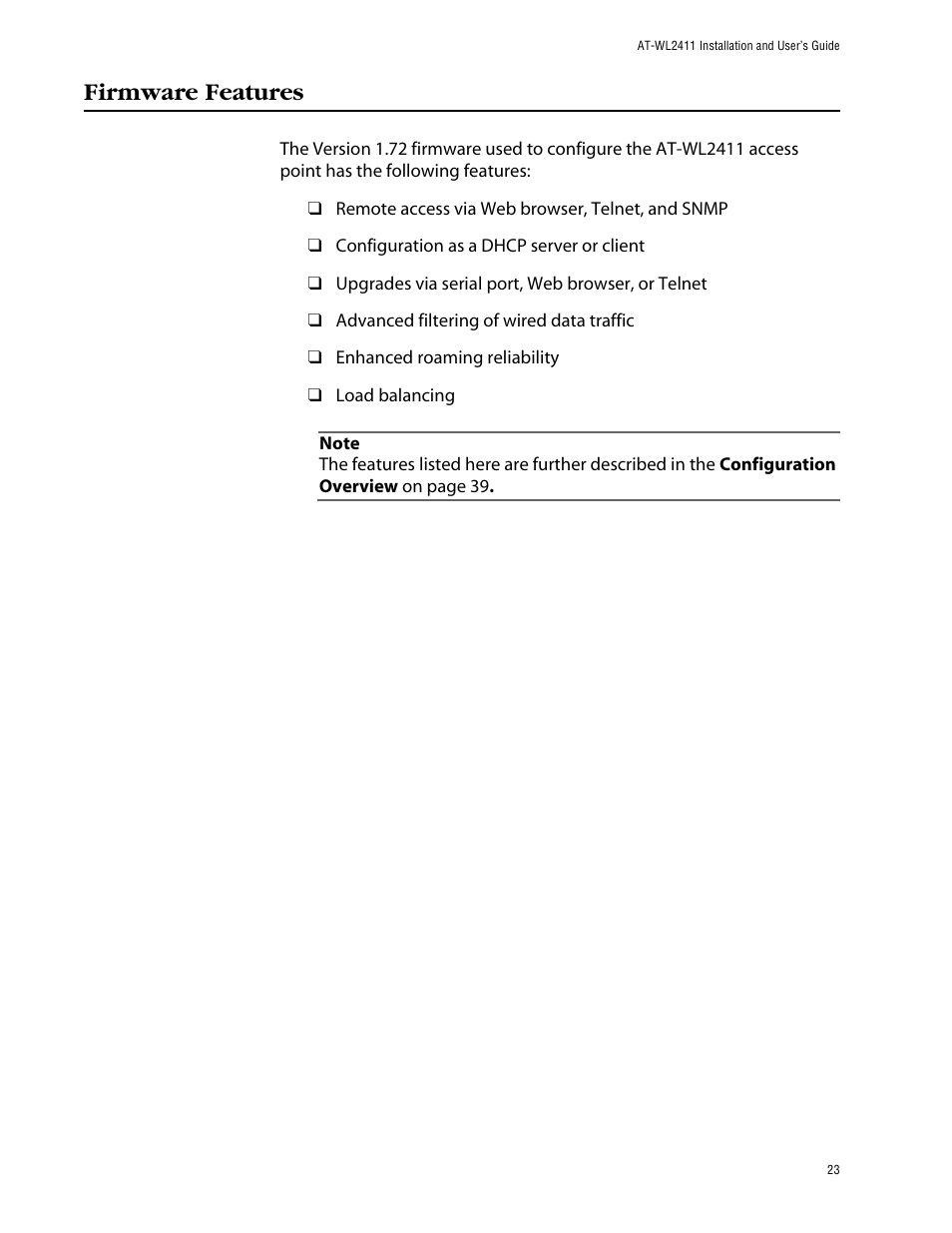 Firmware features | Allied Telesis AT-WL2411 User Manual | Page 23 / 208