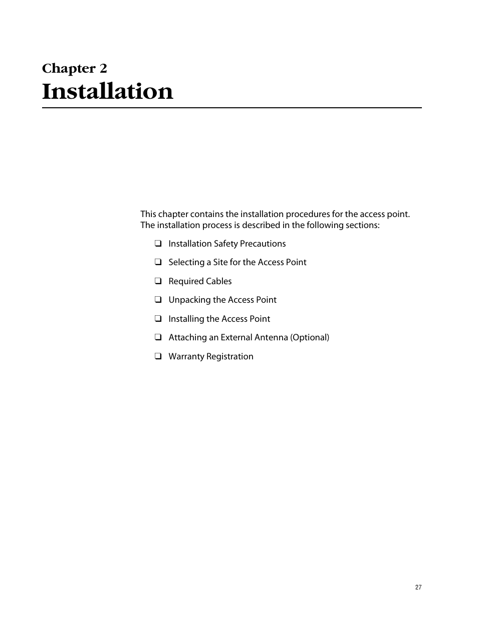 Chapter 2, Installation | Allied Telesis AT-WL2411 User Manual | Page 27 / 208