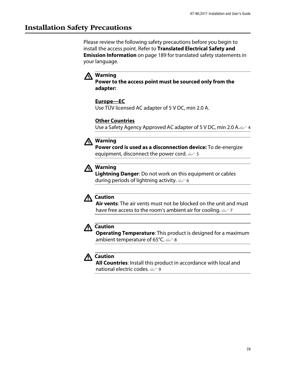 Installation safety precautions | Allied Telesis AT-WL2411 User Manual | Page 28 / 208