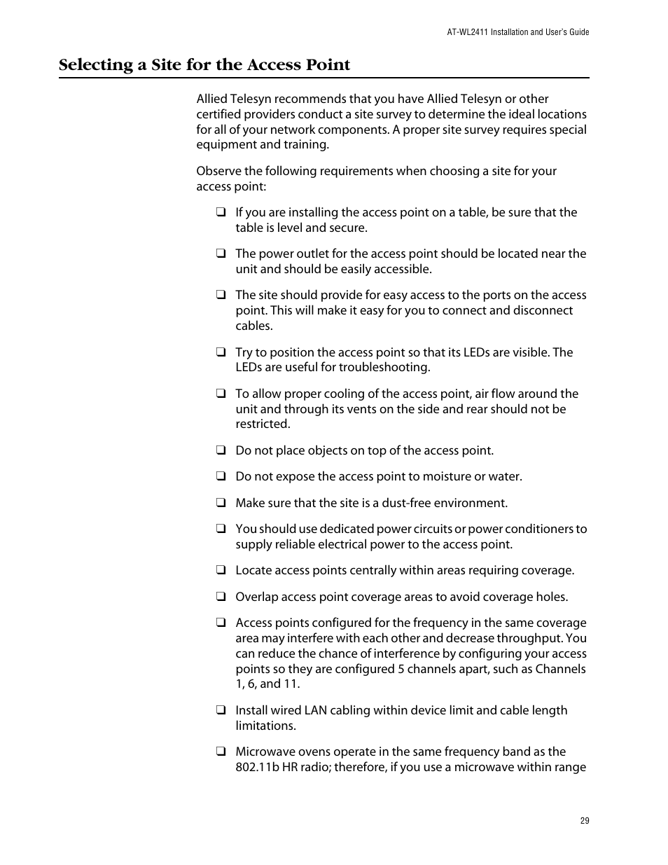 Selecting a site for the access point | Allied Telesis AT-WL2411 User Manual | Page 29 / 208