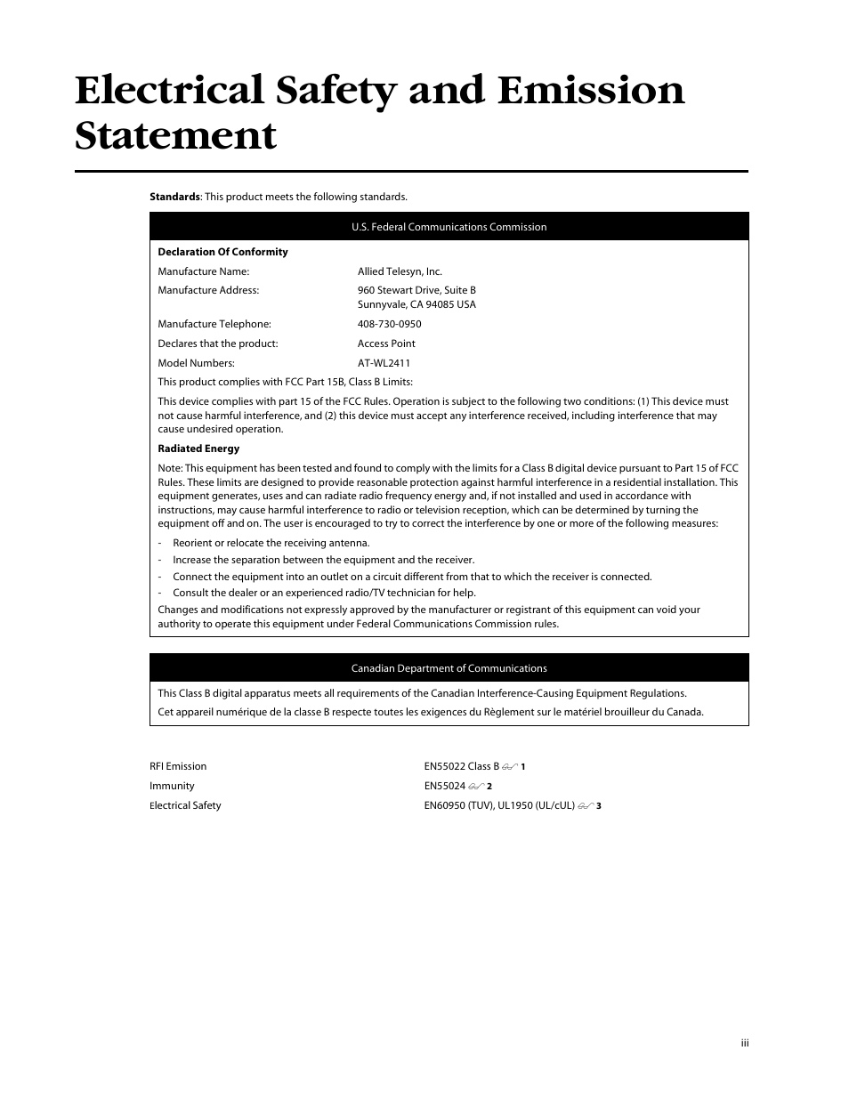 Electrical safety and emission statement | Allied Telesis AT-WL2411 User Manual | Page 3 / 208