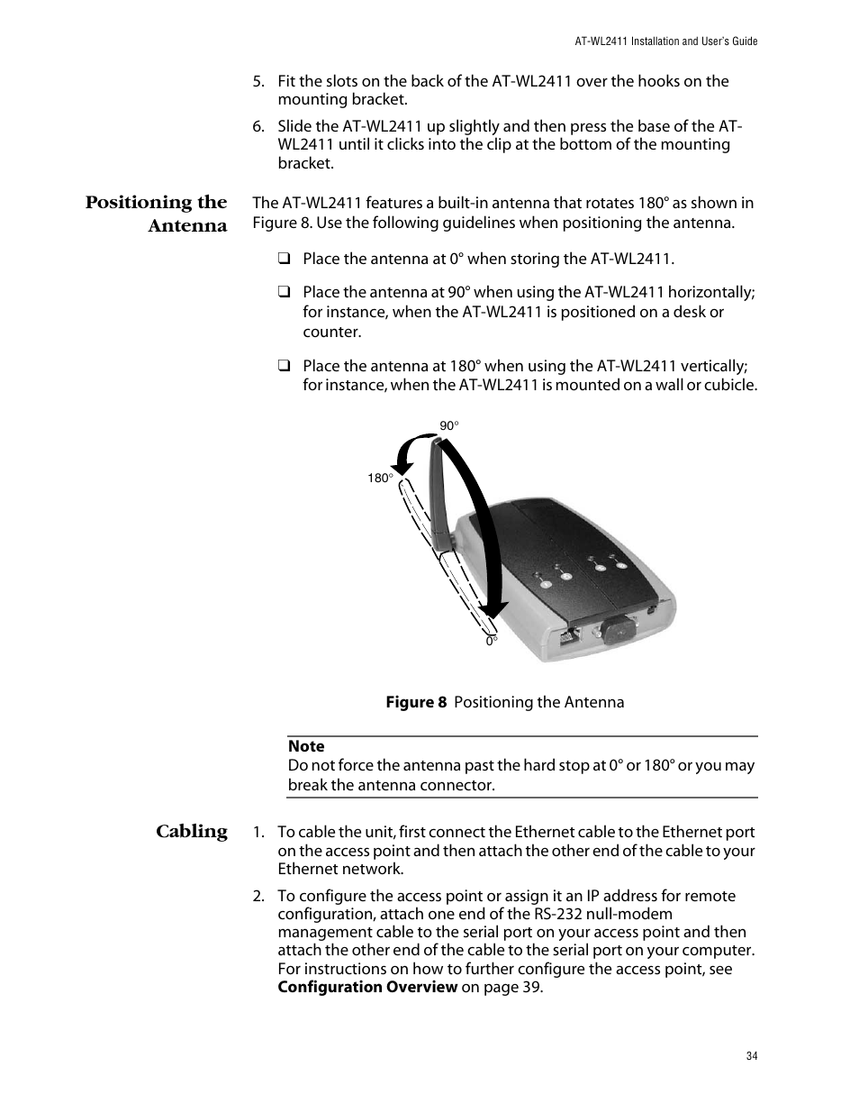 Positioning the antenna, Cabling | Allied Telesis AT-WL2411 User Manual | Page 34 / 208
