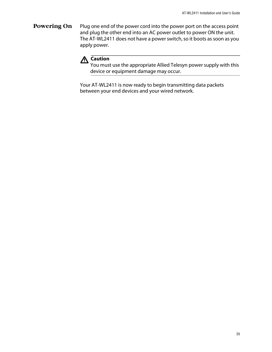Powering on | Allied Telesis AT-WL2411 User Manual | Page 35 / 208