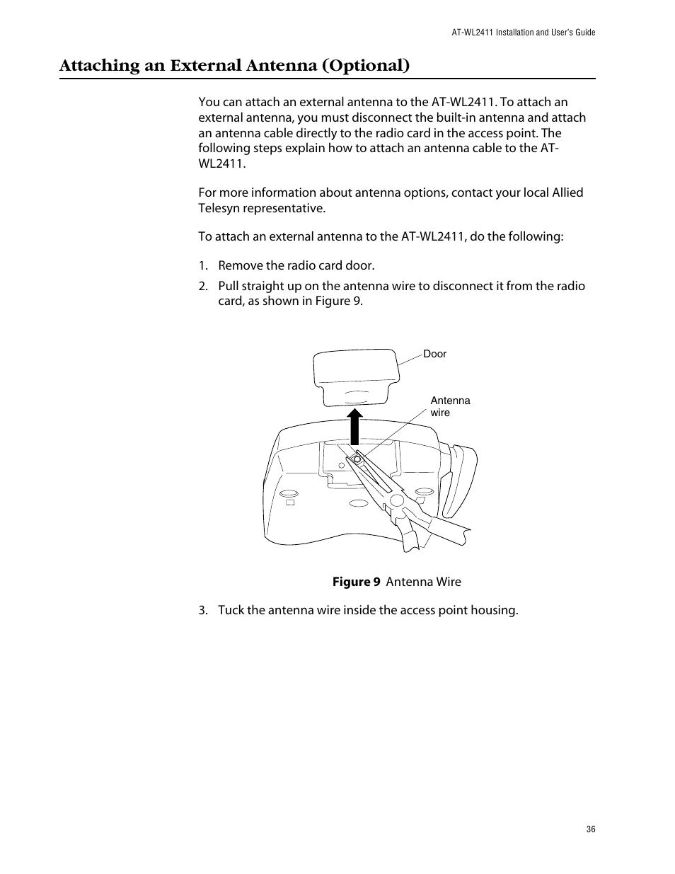 Attaching an external antenna (optional) | Allied Telesis AT-WL2411 User Manual | Page 36 / 208