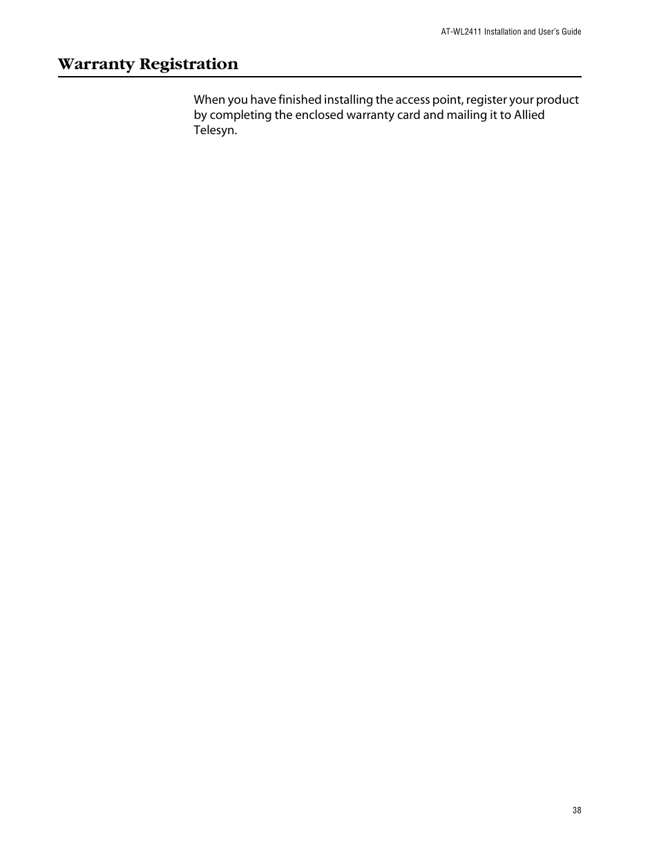 Warranty registration | Allied Telesis AT-WL2411 User Manual | Page 38 / 208
