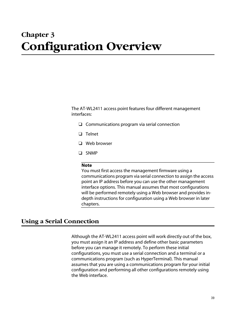Chapter 3, Configuration overview, Using a serial connection | Allied Telesis AT-WL2411 User Manual | Page 39 / 208