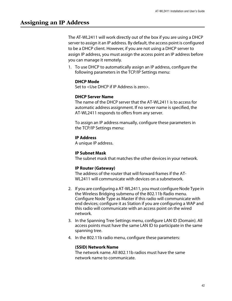 Assigning an ip address | Allied Telesis AT-WL2411 User Manual | Page 42 / 208