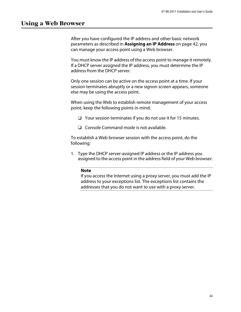 Using a web browser | Allied Telesis AT-WL2411 User Manual | Page 44 / 208