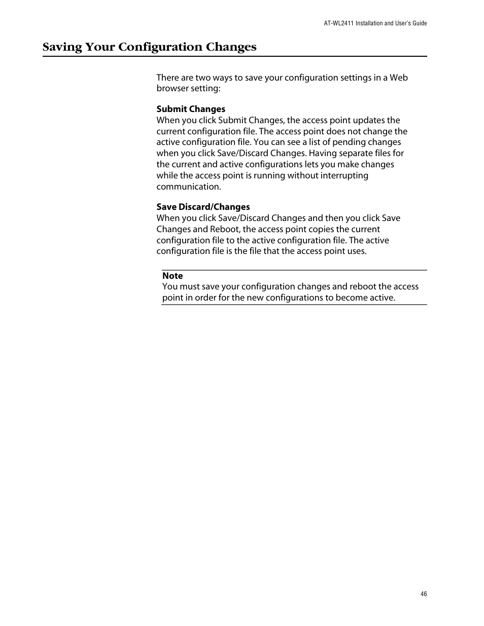 Saving your configuration changes | Allied Telesis AT-WL2411 User Manual | Page 46 / 208