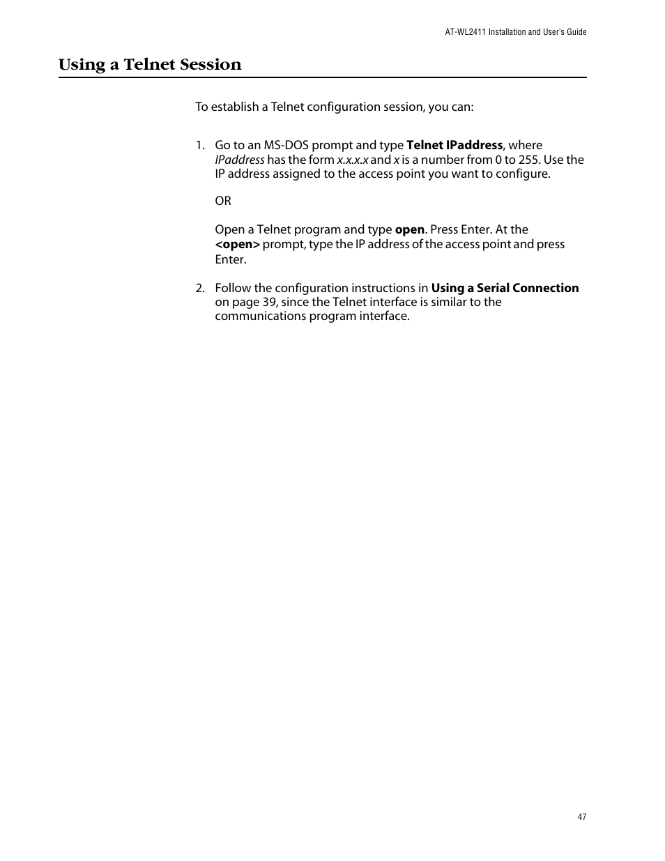 Using a telnet session | Allied Telesis AT-WL2411 User Manual | Page 47 / 208