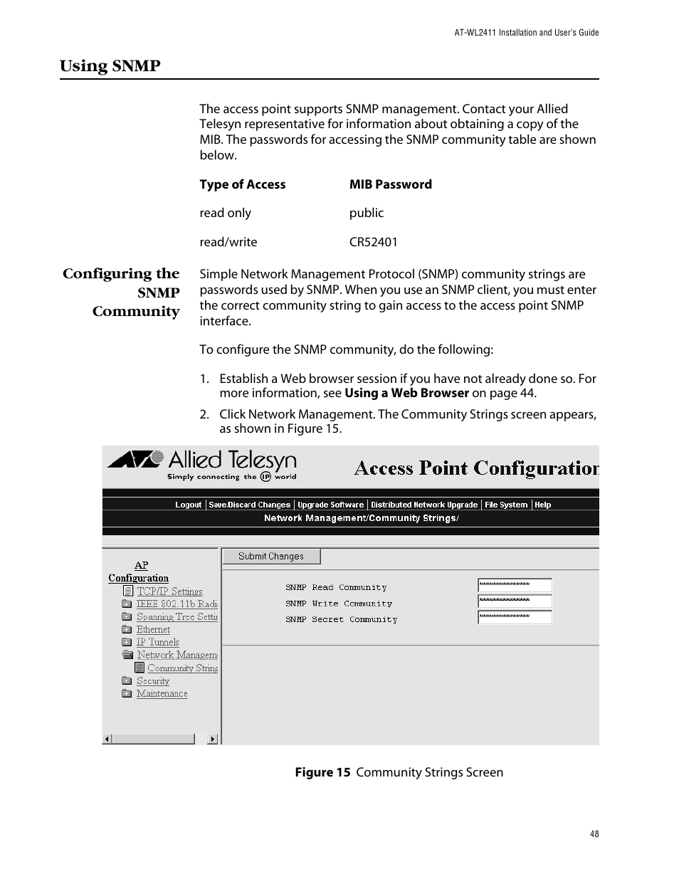 Using snmp, Configuring the snmp community | Allied Telesis AT-WL2411 User Manual | Page 48 / 208
