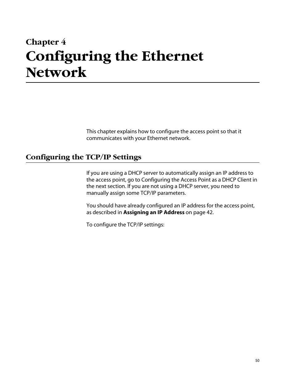 Chapter 4, Configuring the ethernet network, Configuring the tcp/ip settings | Allied Telesis AT-WL2411 User Manual | Page 50 / 208