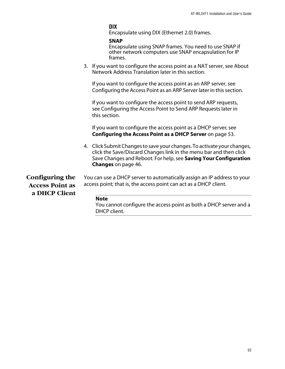 Configuring the access point as a dhcp client | Allied Telesis AT-WL2411 User Manual | Page 52 / 208