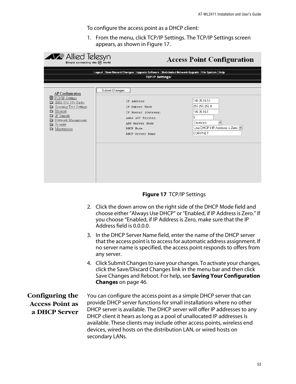 Configuring the access point as a dhcp server | Allied Telesis AT-WL2411 User Manual | Page 53 / 208