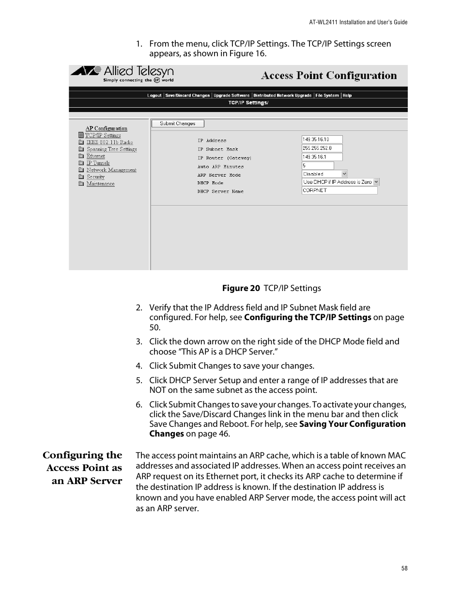 Configuring the access point as an arp server | Allied Telesis AT-WL2411 User Manual | Page 58 / 208