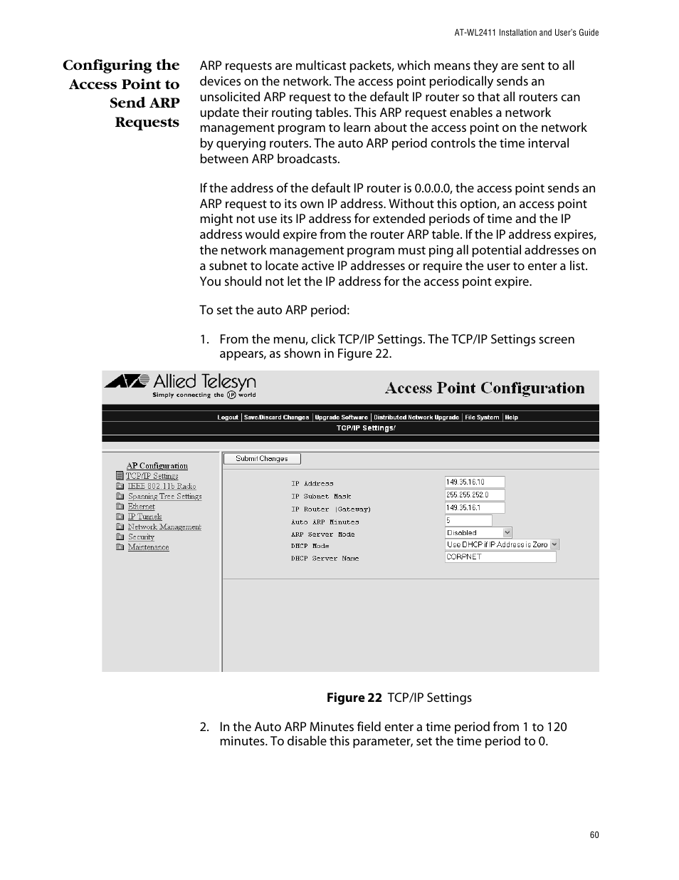Configuring the access point to send arp requests | Allied Telesis AT-WL2411 User Manual | Page 60 / 208