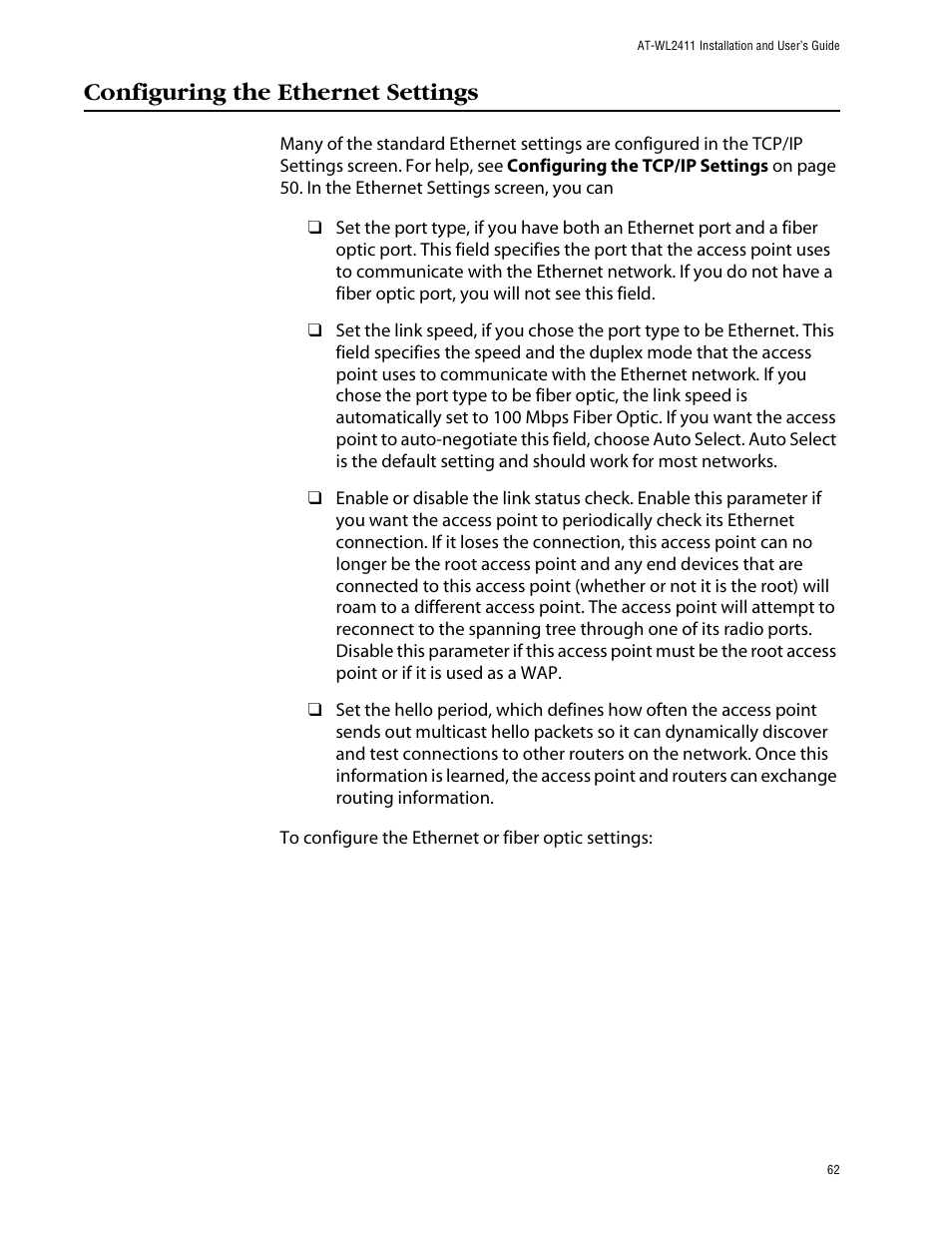 Configuring the ethernet settings | Allied Telesis AT-WL2411 User Manual | Page 62 / 208