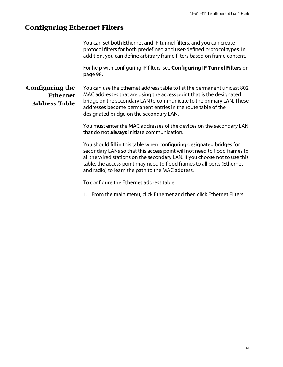 Configuring ethernet filters, Configuring the ethernet address table | Allied Telesis AT-WL2411 User Manual | Page 64 / 208