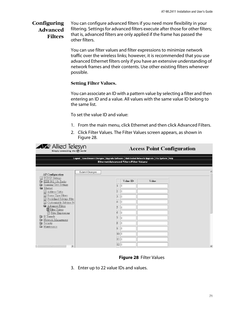 Configuring advanced filters | Allied Telesis AT-WL2411 User Manual | Page 71 / 208